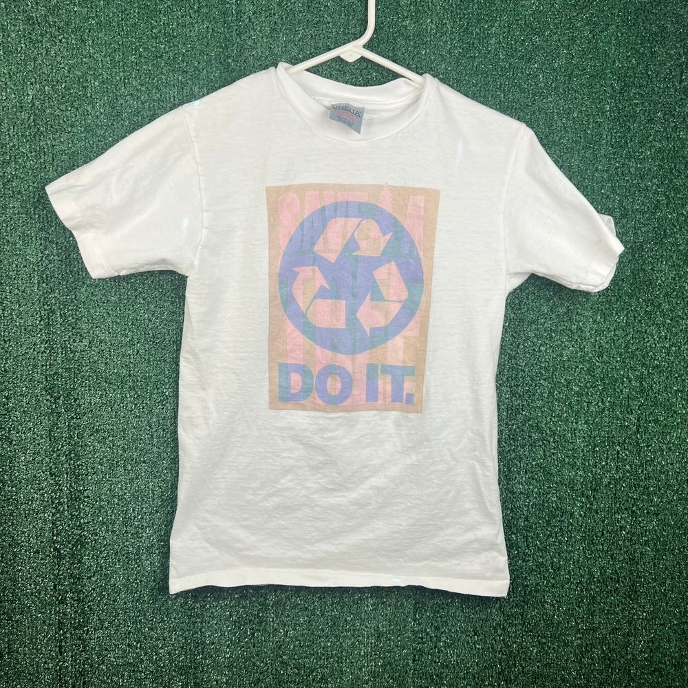 Vintage Oneita Power-T Save A Tree Do It Recycling Graphic T-Shirt White Small